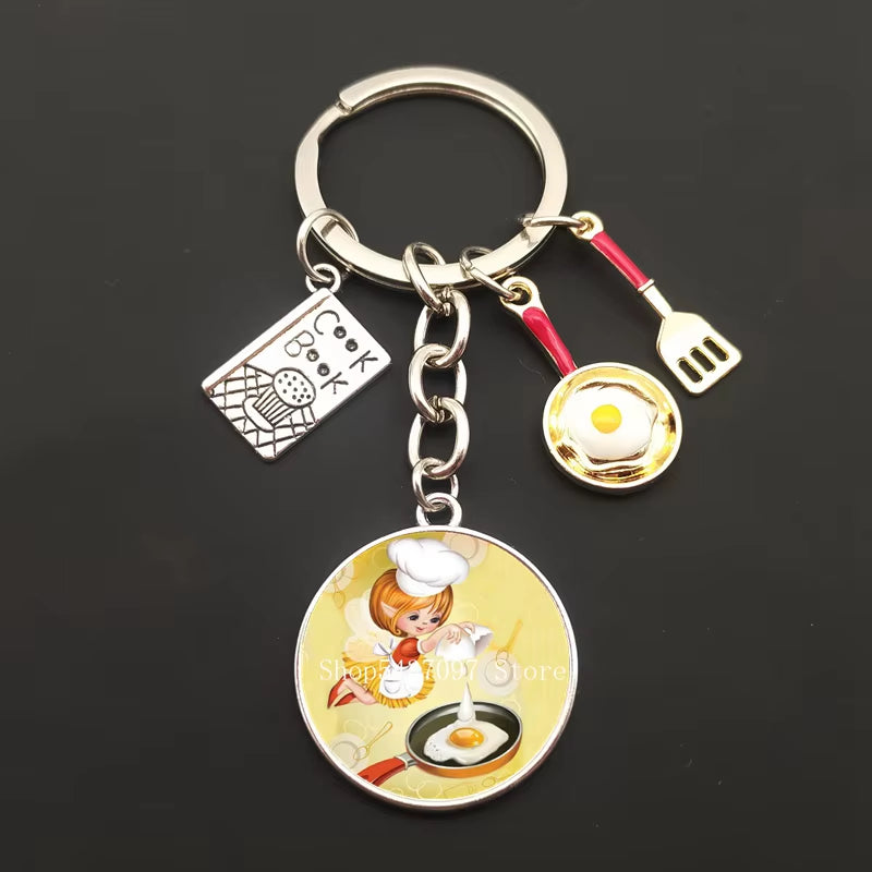 Cartoon Chef Glass Keychain Egg with Pot Keychain Chef Book Key Ring Chef Chef Baker Gift Chef Jewelry