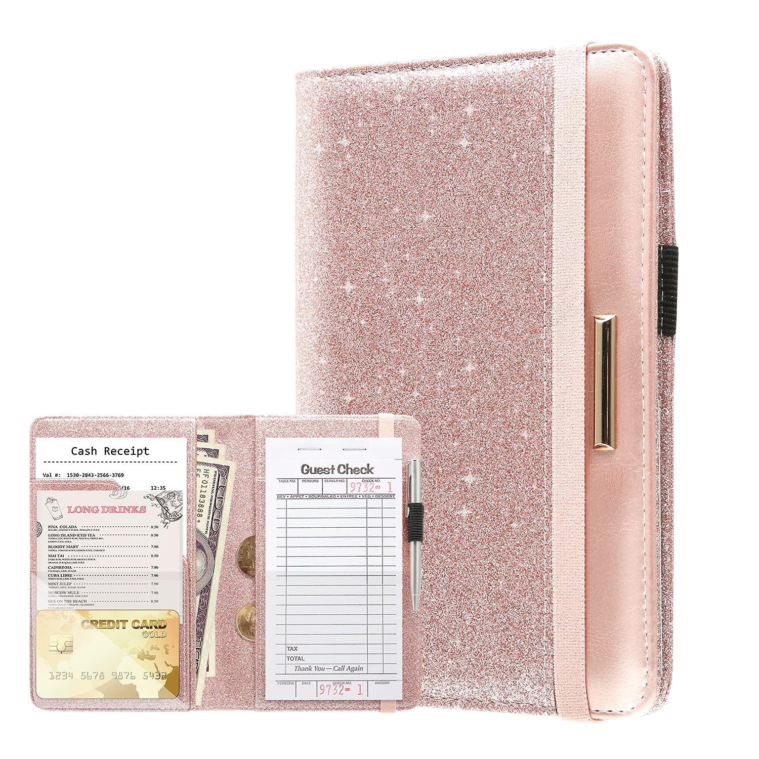 Server Books for Waitress - Leather Waitress Book Server Wallet with Elastic Bandage Closure - Organizer with Money Pocket Fit Server Apron - Sparkly Serving Accessory-Glitter Rose Gold