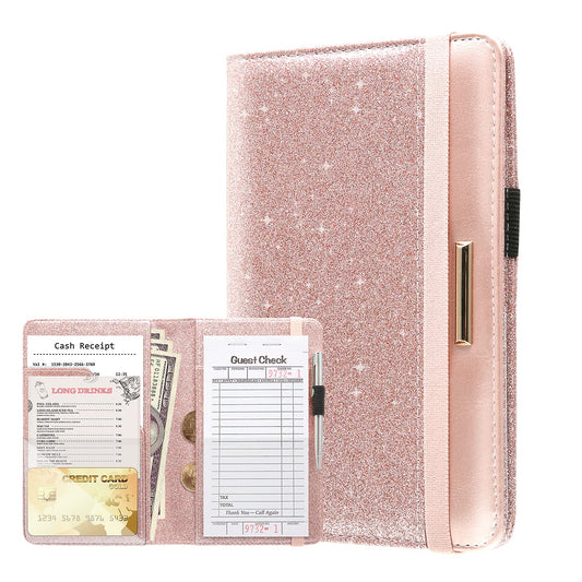 Server Books for Waitress - Leather Waitress Book Server Wallet with Elastic Bandage Closure - Organizer with Money Pocket Fit Server Apron - Sparkly Serving Accessory-Glitter Rose Gold