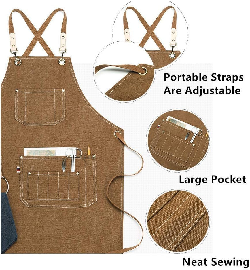 Chef Aprons, Kitchen Cooking Grilling Apron,Cotton Canvas Apron for Women and Men, Cross Back Apron and Large Pockets, Artist Apron,Birthday Gift, Adjustable M to XXL, Khaki