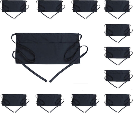 Waist Apron with 3 Pockets 12 Pack - Black Waitress Server Short Apron