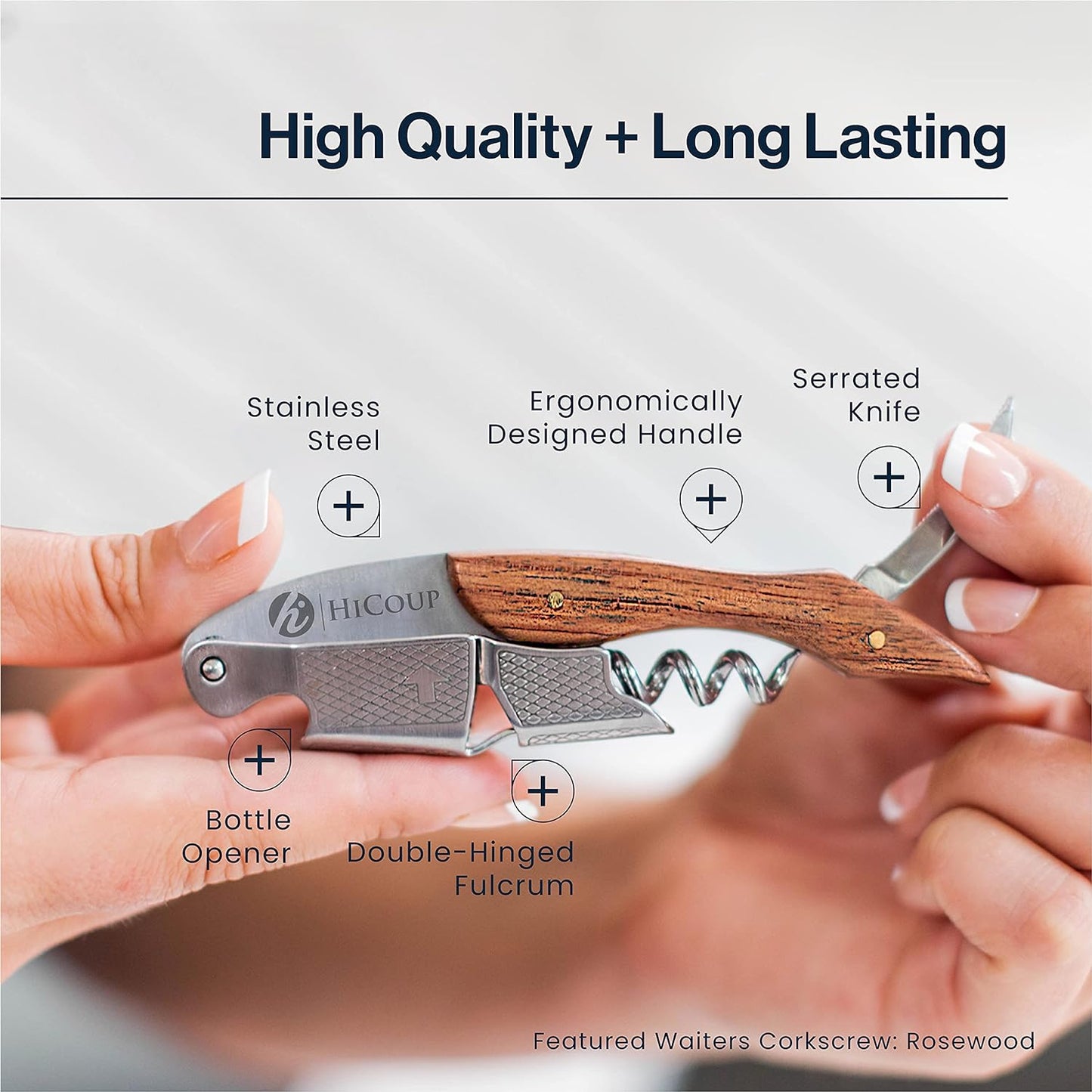 Hicoup Wine Opener - Professional Corkscrews for Wine Bottles W/Foil Cutter and Cap Remover - Manual Wine Key for Servers, Waiters, Bartenders and Home Use - Stainless Steel with Rosewood