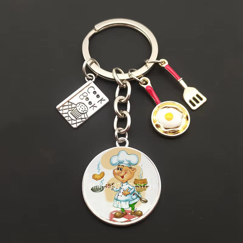 Cartoon Chef Glass Keychain Egg with Pot Keychain Chef Book Key Ring Chef Chef Baker Gift Chef Jewelry