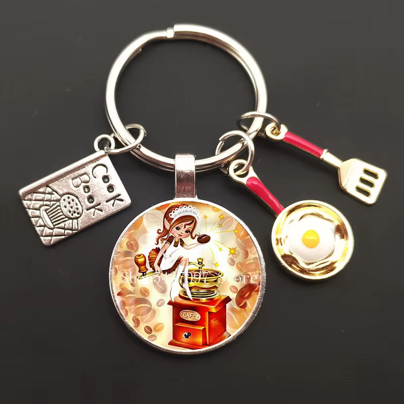 Cartoon Chef Glass Keychain Egg with Pot Keychain Chef Book Key Ring Chef Chef Baker Gift Chef Jewelry