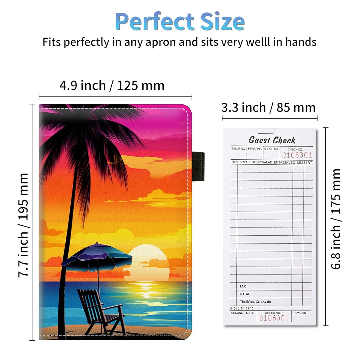 Server Book Organizer, Beach Palm Trees Server Books for Waitress, PU Leather Waiter Book Organizer with Zipper Pocket Guest Checks Books Holder for Restaurant Fit Server Apron