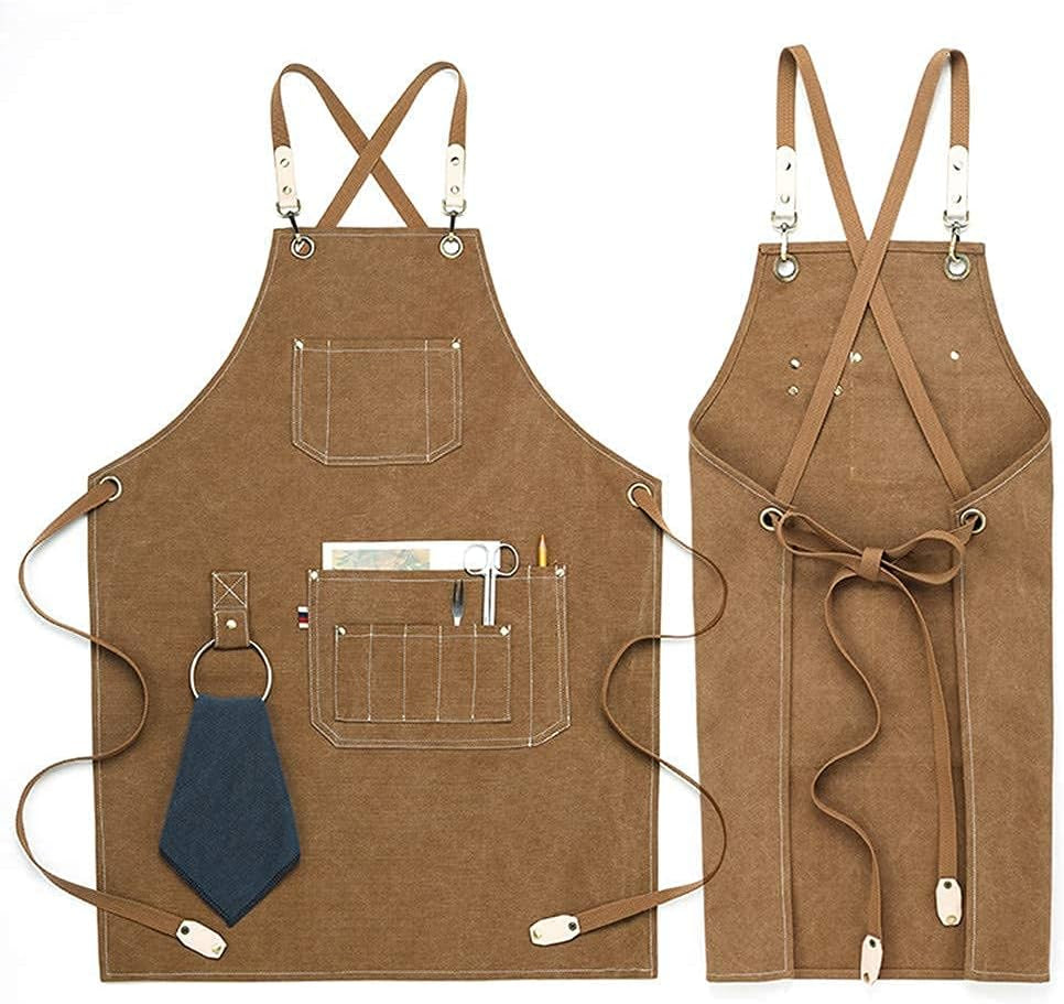 Chef Aprons, Kitchen Cooking Grilling Apron,Cotton Canvas Apron for Women and Men, Cross Back Apron and Large Pockets, Artist Apron,Birthday Gift, Adjustable M to XXL, Khaki