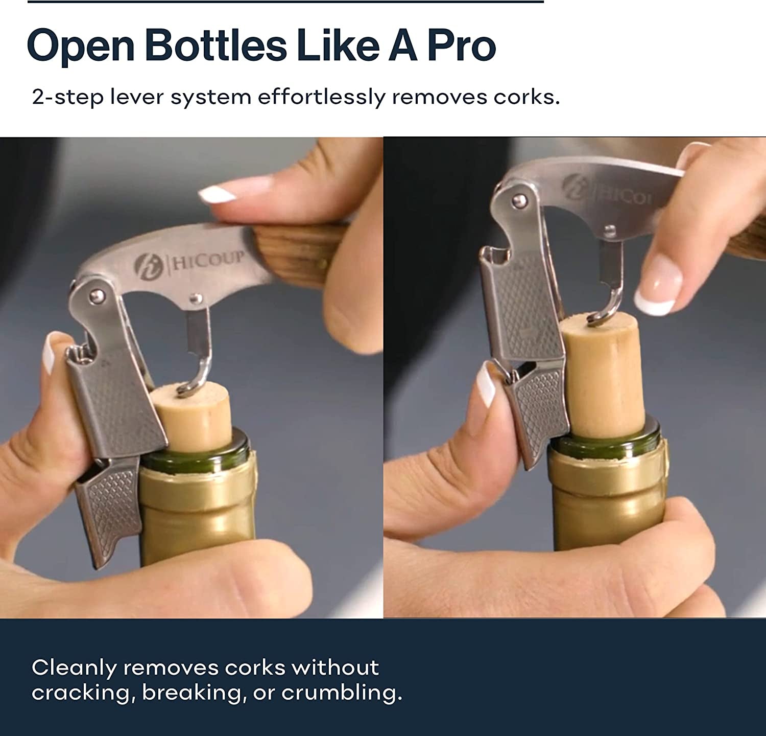 Hicoup Wine Opener - Professional Corkscrews for Wine Bottles W/Foil Cutter and Cap Remover - Manual Wine Key for Servers, Waiters, Bartenders and Home Use - Stainless Steel with Rosewood