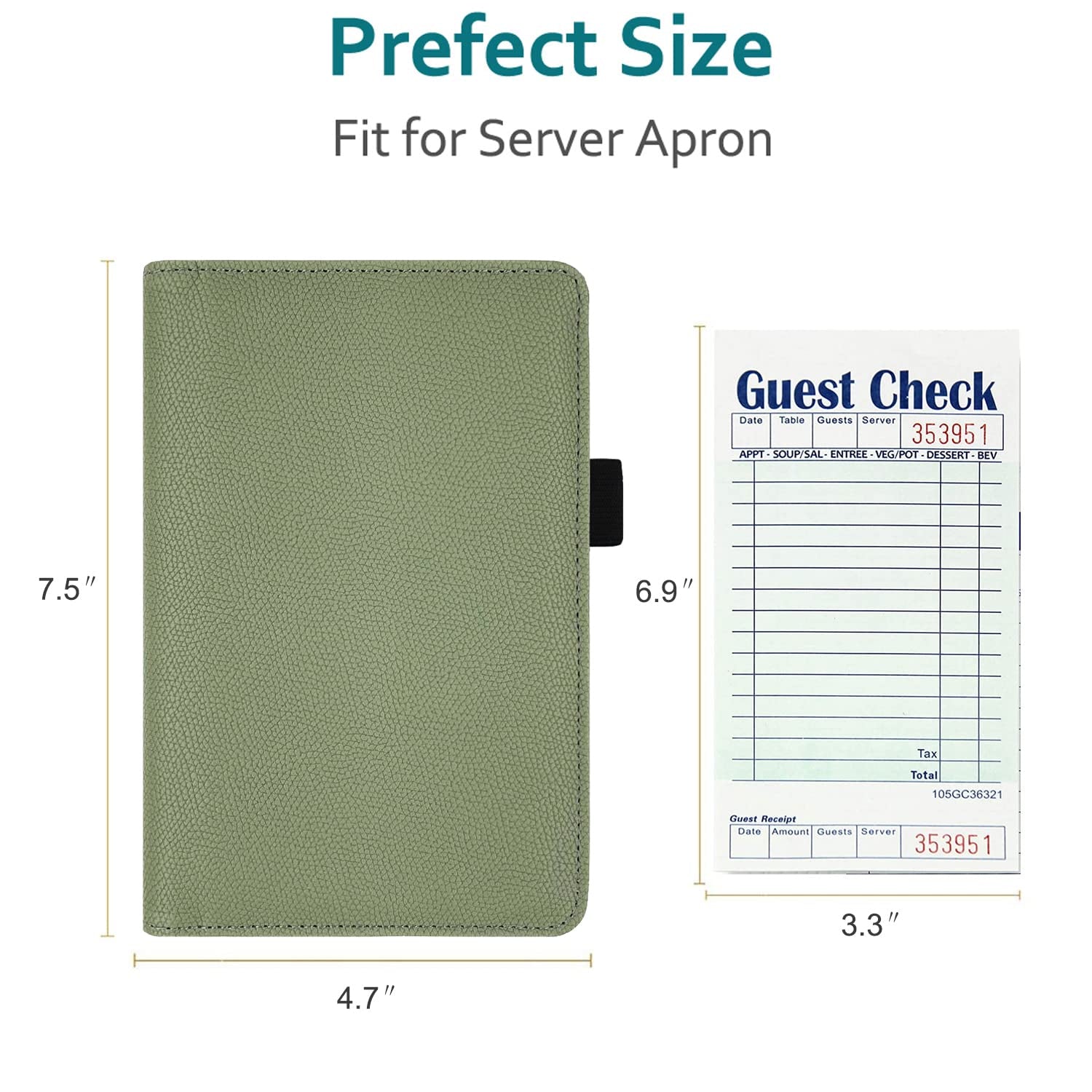 Server Book with Zipper Pocket, Premium Leather Server Books for Waitress, Waiter Wallet Waitress Book Fit Server Apron, Agave Green