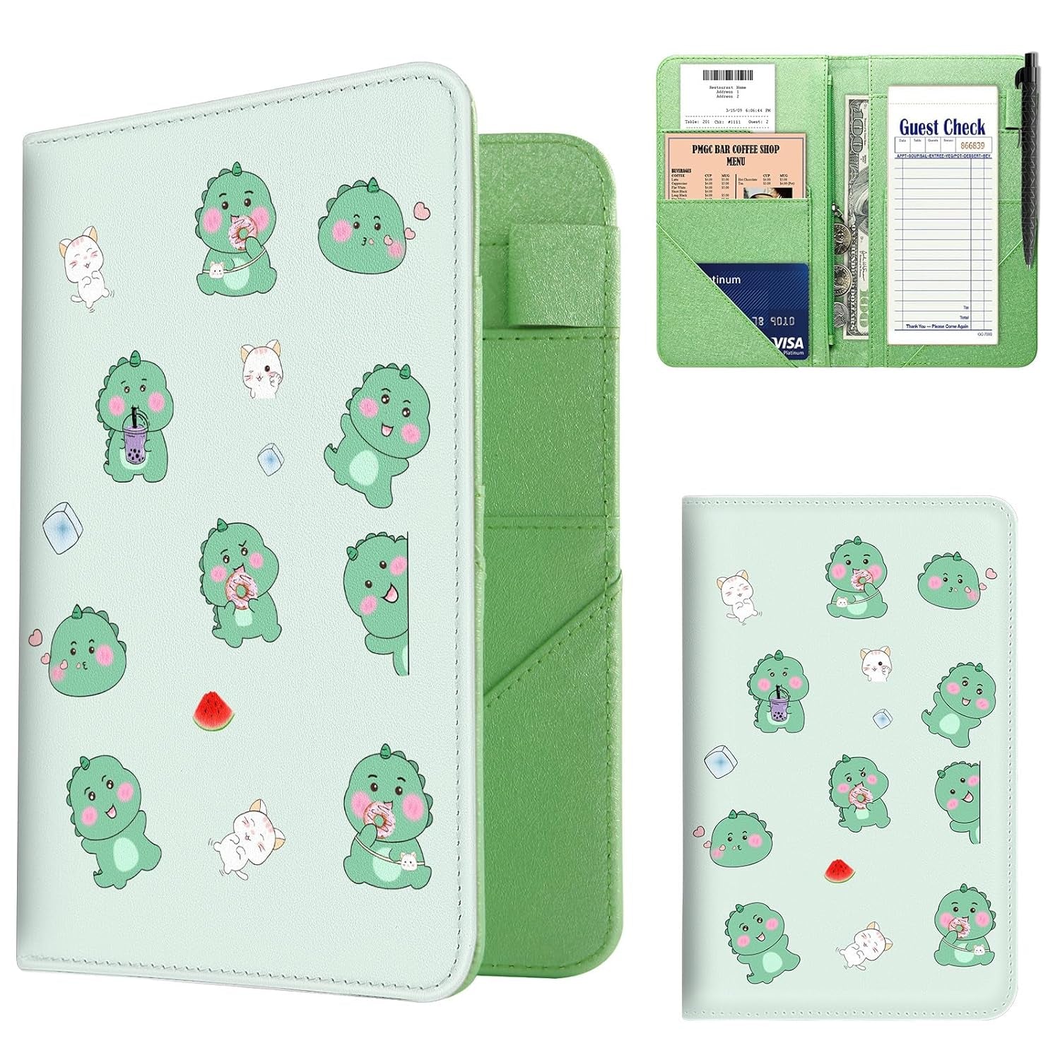 Server Book, PU Leather Server Books for Waitress, Waitress Book with 1 Zipper Pocket, Waiter Wallet with 9 Pockets and 1 Pen Holder, Server Note Pad Checkbook Fit Server Apron- Dinosaurs