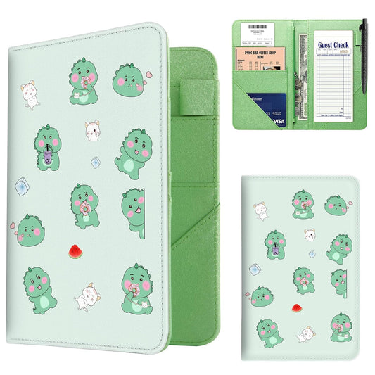 Server Book, PU Leather Server Books for Waitress, Waitress Book with 1 Zipper Pocket, Waiter Wallet with 9 Pockets and 1 Pen Holder, Server Note Pad Checkbook Fit Server Apron- Dinosaurs