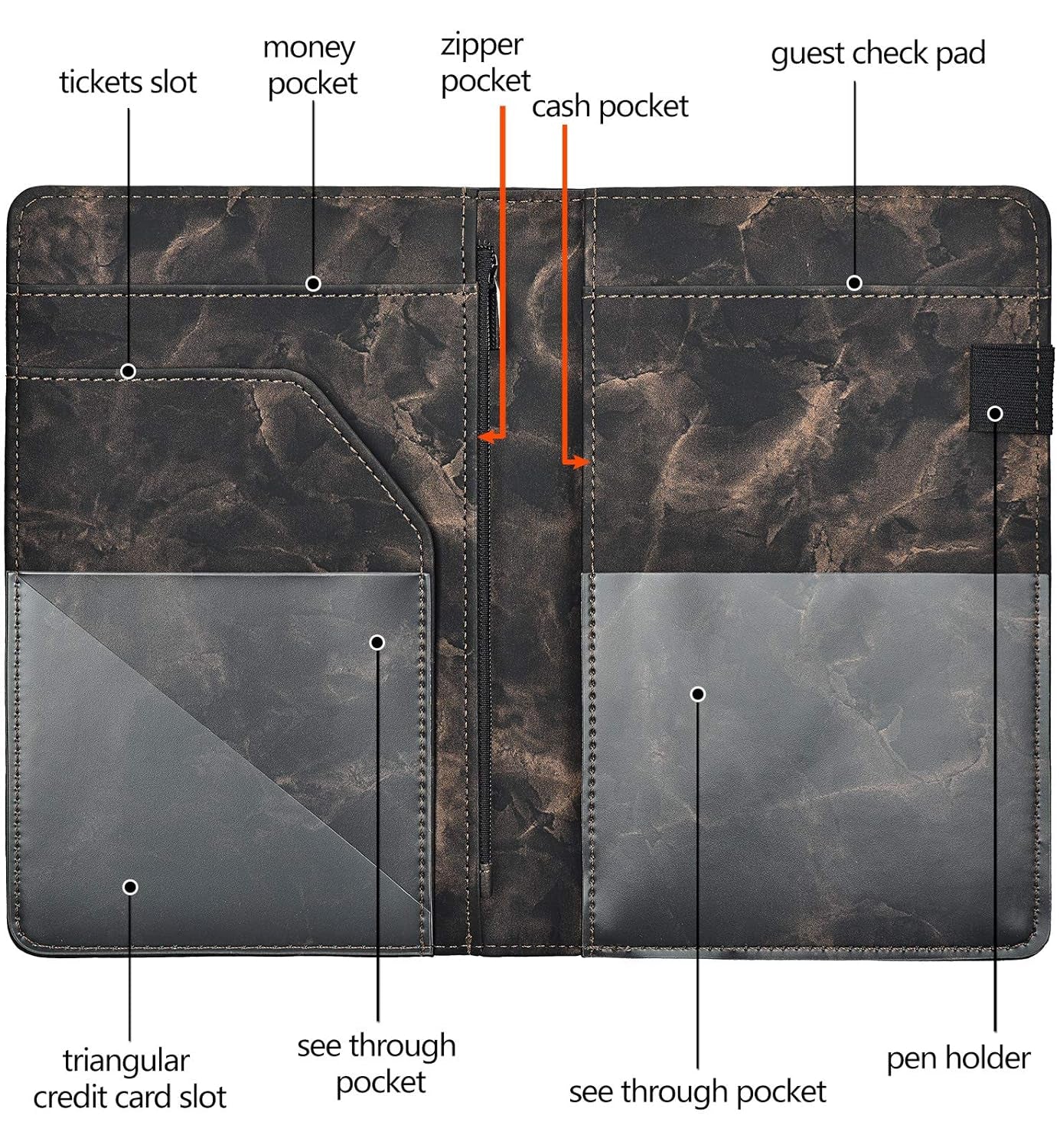 Server Books for Waitress - Marble Texture Leather Waiter Book Server Wallet with Zipper Pocket, Cute Waitress Book&Waitstaff Organizer with Money Pocket Fit Server Apron