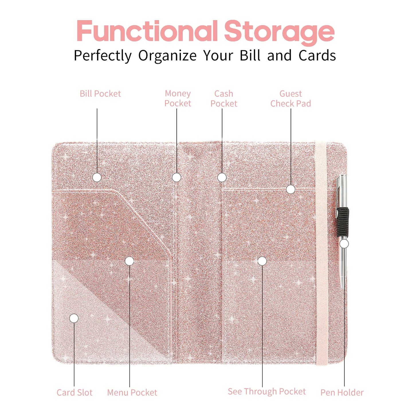 Server Books for Waitress - Leather Waitress Book Server Wallet with Elastic Bandage Closure - Organizer with Money Pocket Fit Server Apron - Sparkly Serving Accessory-Glitter Rose Gold