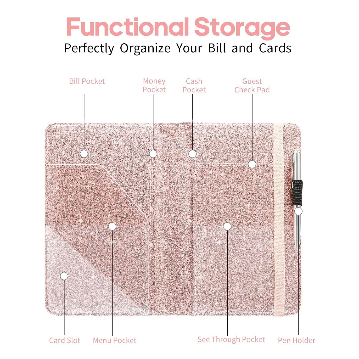 Server Books for Waitress - Leather Waitress Book Server Wallet with Elastic Bandage Closure - Organizer with Money Pocket Fit Server Apron - Sparkly Serving Accessory-Glitter Rose Gold