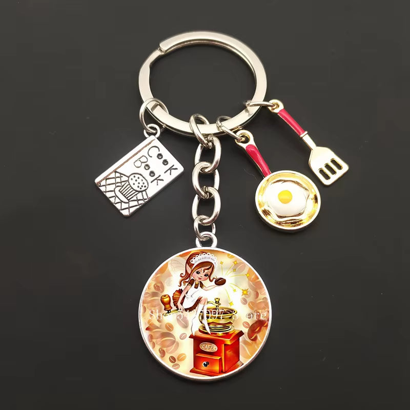 Cartoon Chef Glass Keychain Egg with Pot Keychain Chef Book Key Ring Chef Chef Baker Gift Chef Jewelry