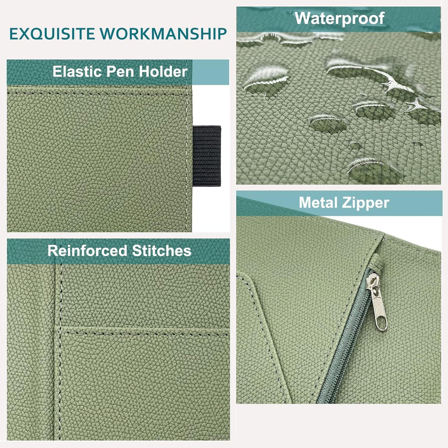 Server Book with Zipper Pocket, Premium Leather Server Books for Waitress, Waiter Wallet Waitress Book Fit Server Apron, Agave Green