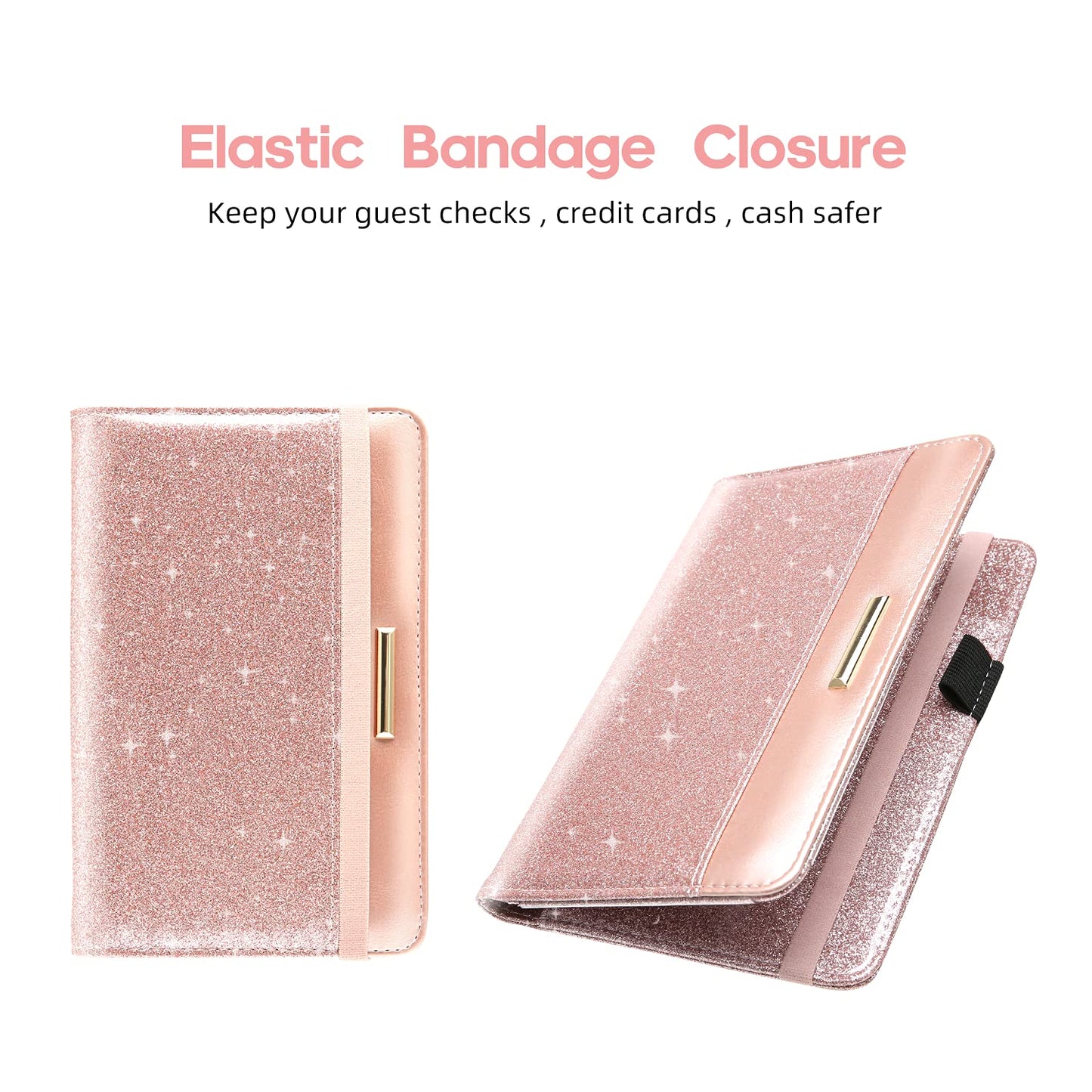 Server Books for Waitress - Leather Waitress Book Server Wallet with Elastic Bandage Closure - Organizer with Money Pocket Fit Server Apron - Sparkly Serving Accessory-Glitter Rose Gold