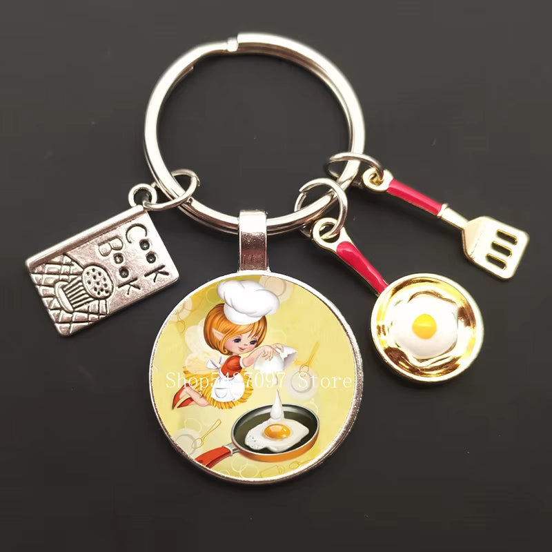 Cartoon Chef Glass Keychain Egg with Pot Keychain Chef Book Key Ring Chef Chef Baker Gift Chef Jewelry