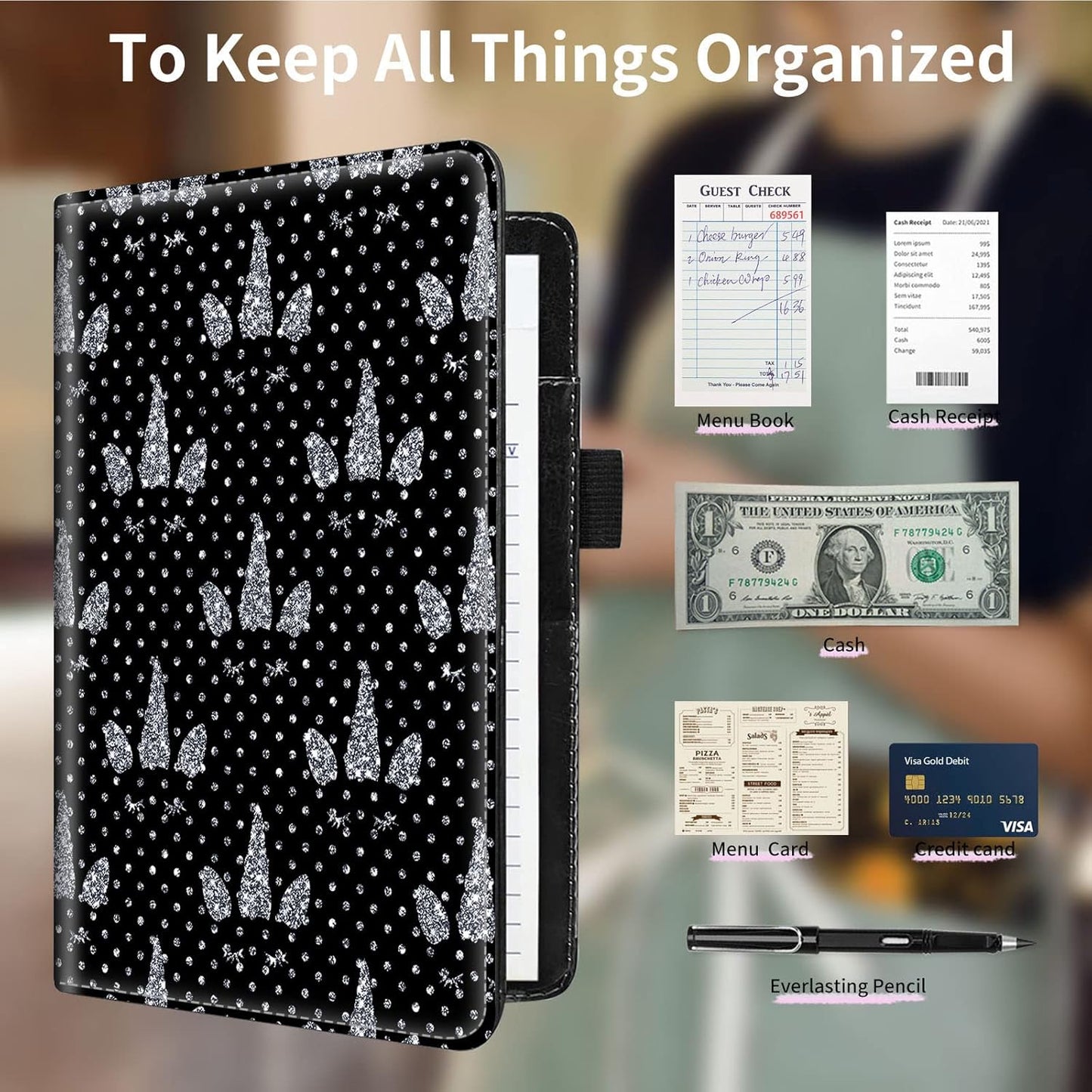 Server Books for Waitress with Zipper Pocket - Leather Waiter Waitress Book Server Restaurant Guest Check Holder Presenter with Money Organizer Wallet Fit Serving Aprons, Glitter Dots