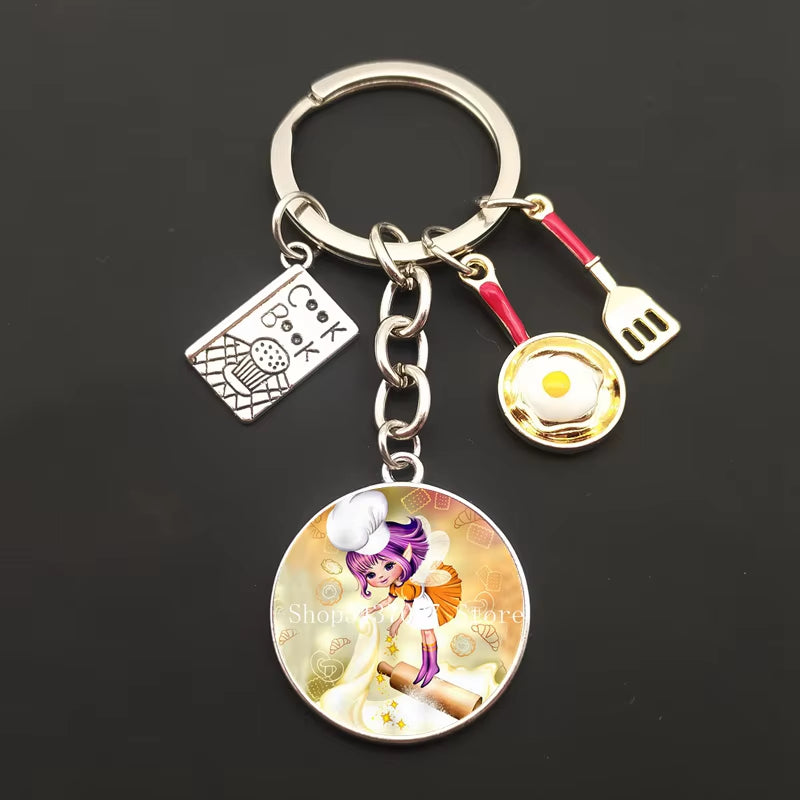 Cartoon Chef Glass Keychain Egg with Pot Keychain Chef Book Key Ring Chef Chef Baker Gift Chef Jewelry