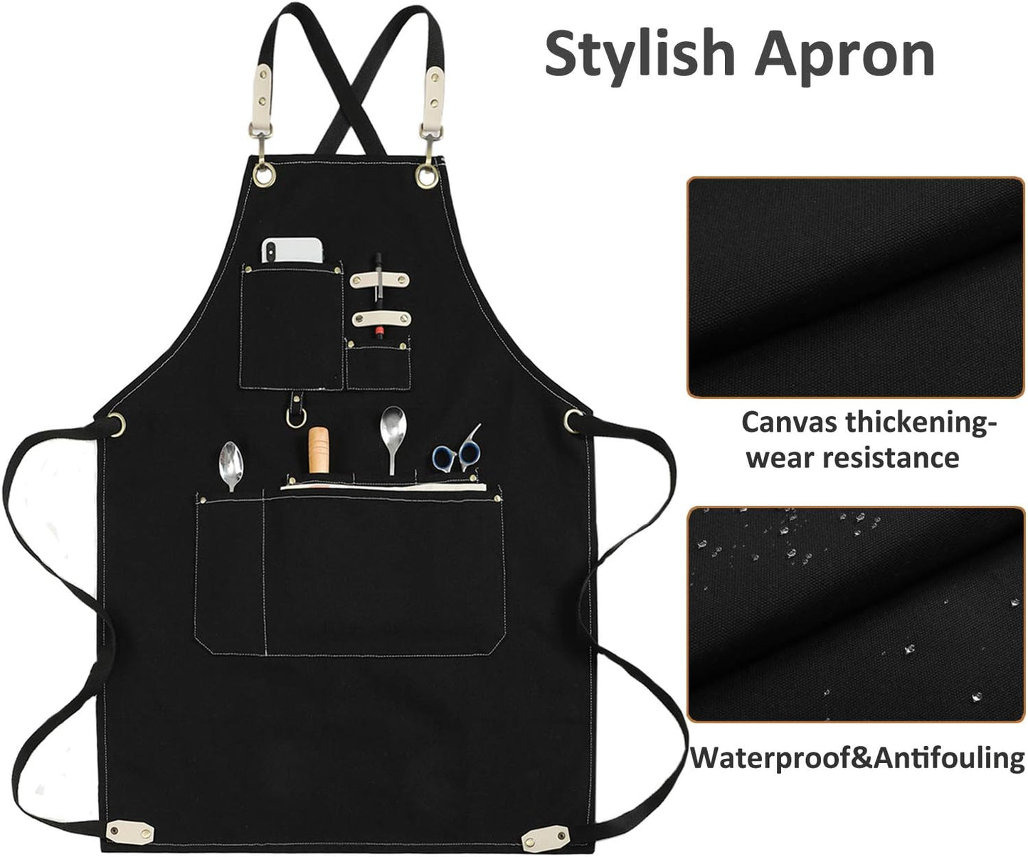 Chef Apron Water Resistant Canvas Cross Back Adjustable Apron for Men Women