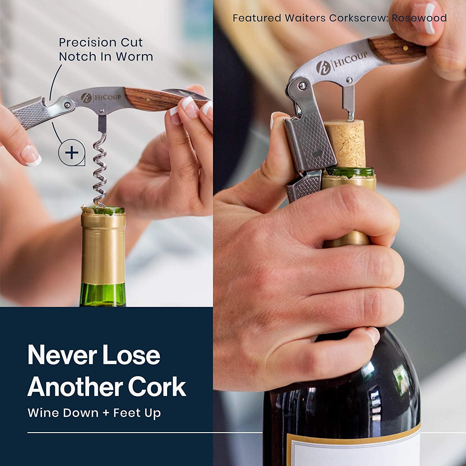 Hicoup Wine Opener - Professional Corkscrews for Wine Bottles W/Foil Cutter and Cap Remover - Manual Wine Key for Servers, Waiters, Bartenders and Home Use - Stainless Steel with Rosewood