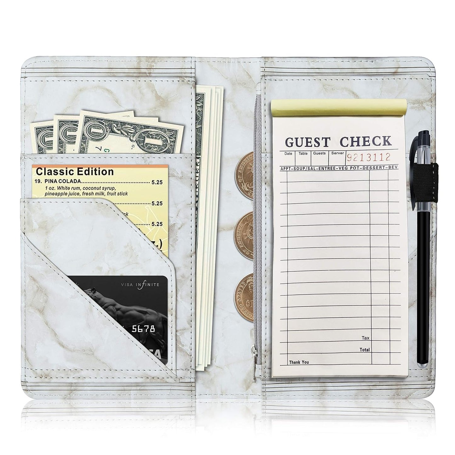 Server Books for Waitress, Restaurant Guest Check Organizer,  Waitress Book with Zipper High Volume Pocket and Magnetic Closure, Presenters Card Holder for Waiter, Bartender (2022 Marble Gary)