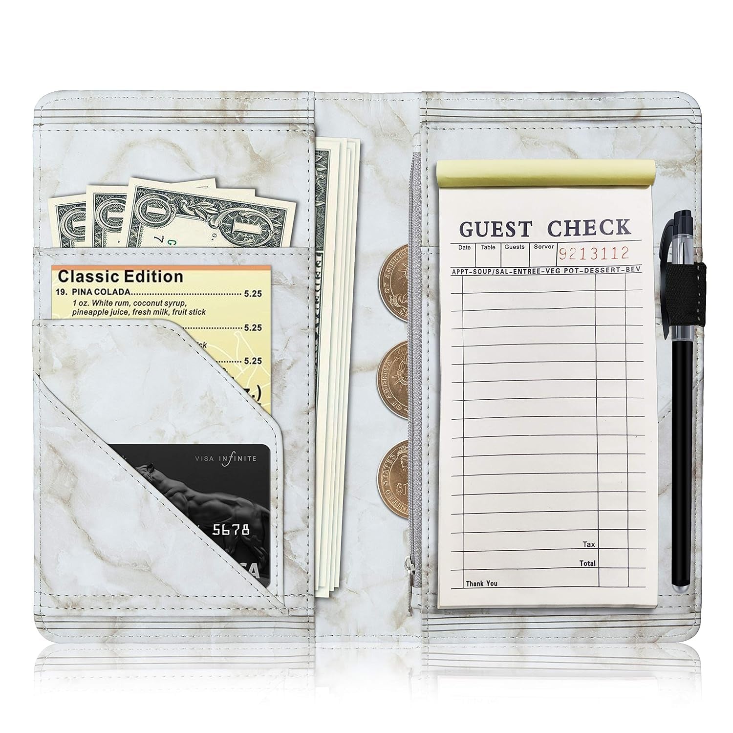 Server Books for Waitress, Restaurant Guest Check Organizer,  Waitress Book with Zipper High Volume Pocket and Magnetic Closure, Presenters Card Holder for Waiter, Bartender (2022 Marble Gary)
