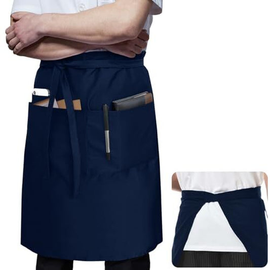 Long Server Apron Black with 3 Pockets Bistro 1 Pack(34X28 Inches) Navy Blue