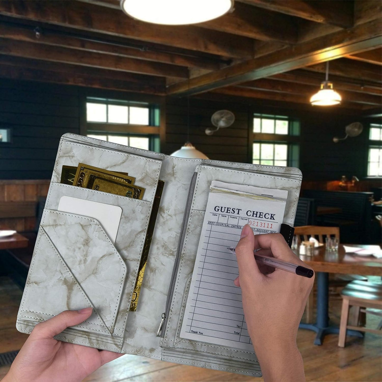 Server Books for Waitress, Restaurant Guest Check Organizer,  Waitress Book with Zipper High Volume Pocket and Magnetic Closure, Presenters Card Holder for Waiter, Bartender (2022 Marble Gary)